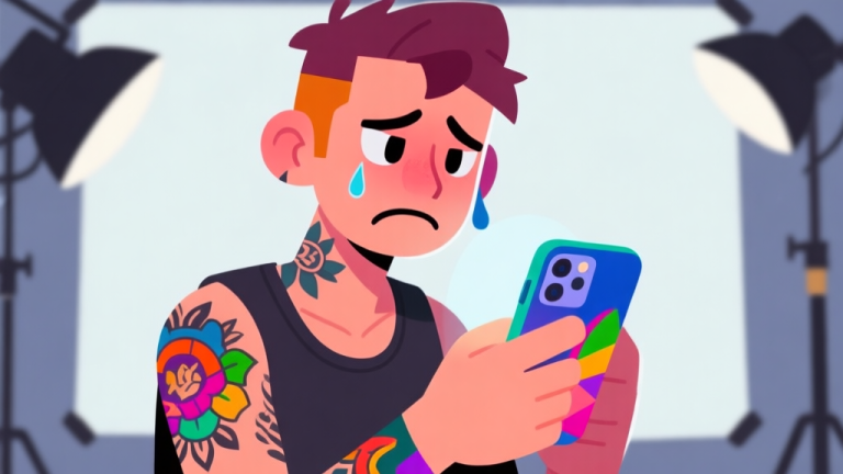 自动生成图片: Ilustrasi karakter game dengan ekspresi kecewa melihat desain tato di layar ponsel, warna-warna terlalu cerah dan tidak harmonis, gaya minimalis game mobile, latar belakang studio tato virtual yang sederhana high quality illustration, detailed, 16:9