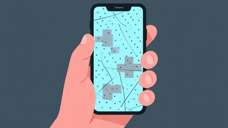 自动生成图片: Ilustrasi minimalis tangan memegang ponsel dengan layar penuh titik-titik dan garis yang kacau, warna biru muda dan abu-abu, gaya clean dan frustasi, konsep game puzzle yang menantang high quality illustration, detailed, 16:9