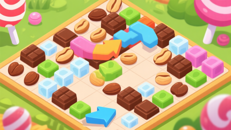 自动生成图片: Ilustrasi papan permainan Candy Match3 yang rumit dengan banyak hambatan seperti coklat, kacang, dan balok es, dengan panah strategis yang menunjukkan gerakan potensial, gaya kartun yang cerah dan bersih high quality illustration, detailed, 16:9