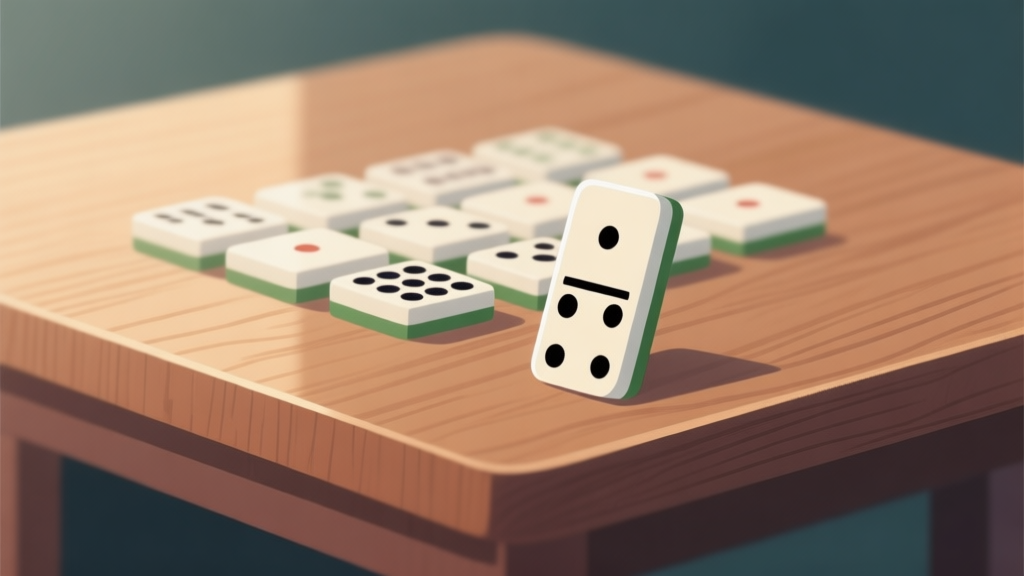 Ilustrasi minimalis kartu domino gaple yang tersusun rapi di atas meja kayu, dengan satu kartu domino (double-enam) disorot cahaya lembut, nuansa tenang dan fokus, gaya ilustrasi digital yang bersih high quality illustration, detailed, 16:9