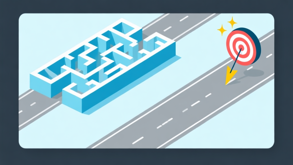 Ilustrasi grafis minimalis yang menunjukkan dua jalur berbeda di labirin 3D, satu berantakan dan terhambat, satu lagi lancar dan langsung menuju target, dengan skor tinggi yang bersinar di ujungnya. Skema warna biru muda dan abu-abu, gaya desain bersih. high quality illustration, detailed, 16:9