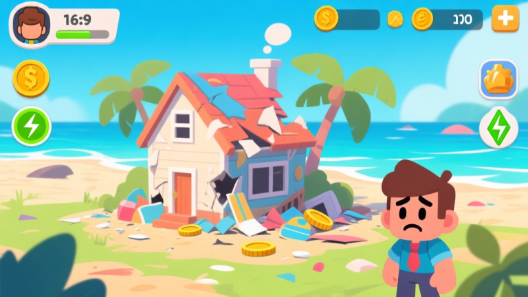 自动生成图片: Ilustrasi game simulasi dengan tampilan antarmuka yang menunjukkan rumah pantai berantakan, beberapa ikon sumber daya seperti koin dan energi hampir habis, dan karakter pemain terlihat bingung, dengan gaya visual kartun yang bersih dan warna-warna pantai yang cerah namun tidak terlalu terang high quality illustration, detailed, 16:9