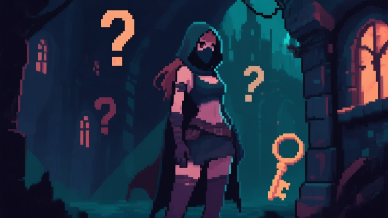 自动生成图片: Ilustrasi gaya game pixel art, seorang karakter wanita bertopeng misterius berdiri di sudut gelap kota fantasi, dikelilingi oleh simbol tanda tanya dan kunci, nuansa misterius dan sedikit melankolis high quality illustration, detailed, 16:9
