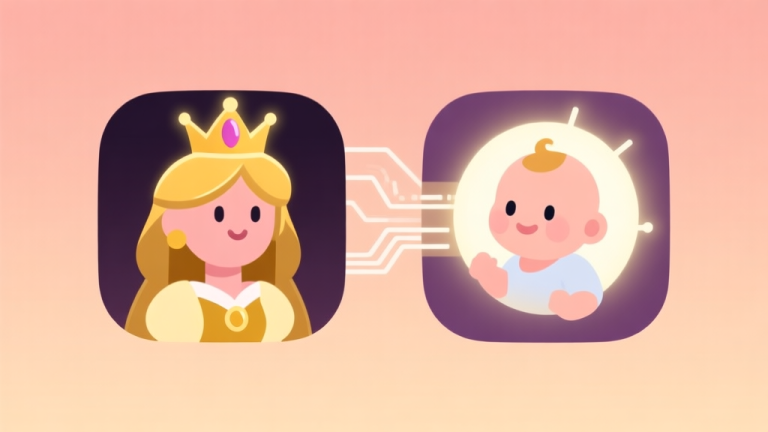 自动生成图片: Ilustrasi minimalis dua karakter game bergaya ikon, satu dengan mahkota dan aura emas (Putri Goldie), dan satu lagi ikon bayi dengan cahaya lembut, terhubung oleh garis alur data abstrak, skema warna pastel hangat, desain bersih dan modern high quality illustration, detailed, 16:9