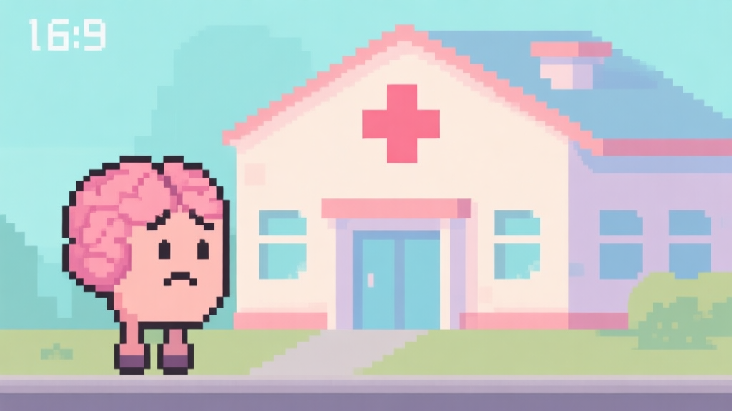 Ilustrasi layar game bergaya minimalis dengan karakter pikiran bingung di depan rumah sakit pixel art, skema warna pastel lembut, desain bersih, konsep kebuntuan dalam game high quality illustration, detailed, 16:9