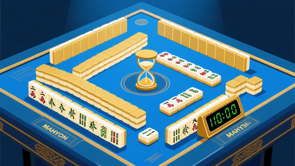 Ilustrasi papan permainan Mahyong yang kompleks dengan ubin-ubin bertumpuk, jam pasir digital menunjukkan hitungan mundur, suasana tegang namun teratur, gaya seni digital yang bersih dengan skema warna biru dan emas high quality illustration, detailed, 16:9