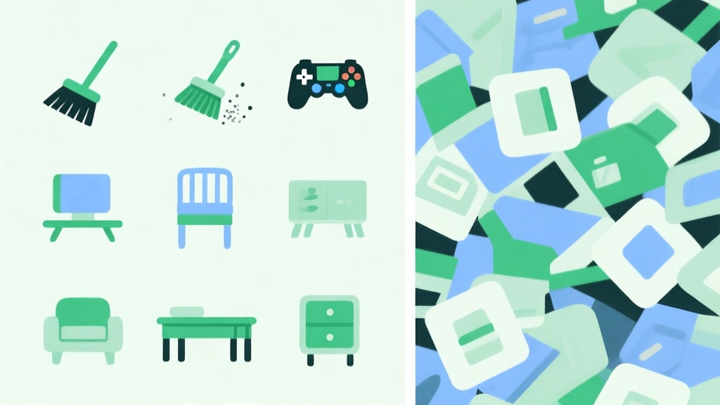 Ilustrasi digital minimalis dengan ikon-ikon game seperti sapu, debu, dan perabotan kecil yang tersusun rapi di satu sisi dan berantakan di sisi lain, skema warna pastel lembut dengan aksen hijau dan biru muda, gaya clean dan simpel high quality illustration, detailed, 16:9