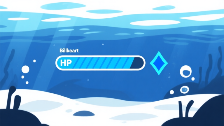 自动生成图片: Ilustrasi minimalis antarmuka game dengan bilah kesehatan (HP) dan mana biru yang saling terhubung, skema warna biru laut dan putih, desain bersih, gaya visual game bawah air yang abstrak high quality illustration, detailed, 16:9