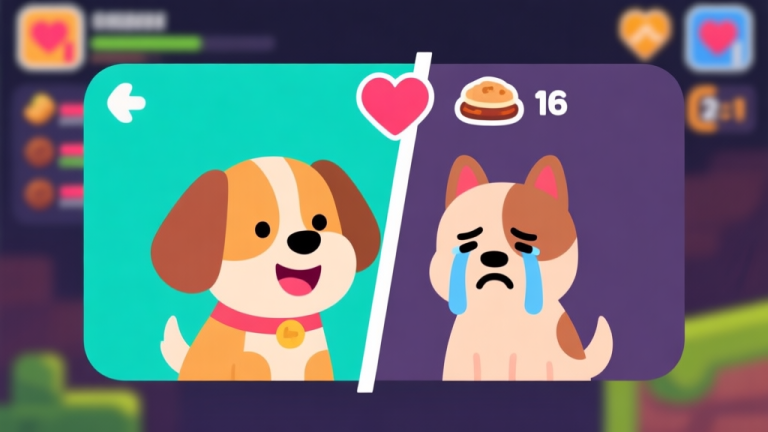 自动生成图片: Ilustrasi digital yang menunjukkan kontras antara hewan peliharaan game yang sehat dan ceria dengan yang sedih dan lesu, dalam gaya game mobile yang colorful namun minimalis, latar belakang blur dengan ikon statistik seperti hati dan makanan high quality illustration, detailed, 16:9