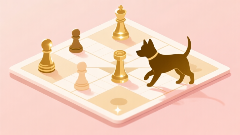 自动生成图片: Ilustrasi minimalis papan permainan Ludo digital dengan beberapa pion klasik dan satu pion yang diikuti oleh siluet hewan peliharaan kecil yang bersinar, skema warna pastel lembut dengan aksen emas, gaya desain bersih dan modern high quality illustration, detailed, 16:9