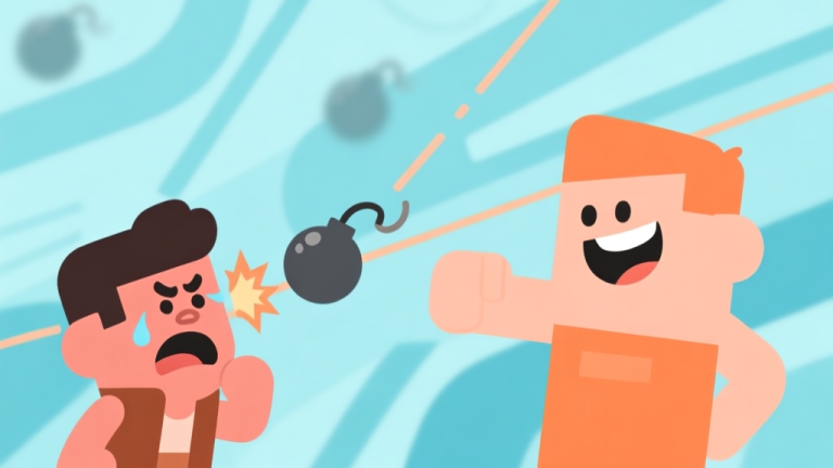 自动生成图片: Ilustrasi minimalis dua karakter game bergaya kartun sedang bermain Drag & Boom, satu terlihat frustrasi melihat bom meleset, sementara yang lain tersenyum percaya diri. Latar belakang abstrak dengan garis lintasan bom yang pudar, warna biru muda dan oranye lembut, gaya flat design yang bersih. high quality illustration, detailed, 16:9