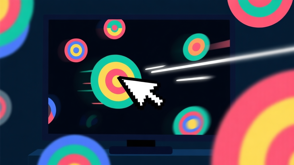 Ilustrasi konsep abstrak dari target berwarna-warni yang tersebar di layar gelap, dengan satu kursor yang bergerak cepat menuju target, menciptakan jejak cahaya, gaya minimalis dengan palet warna terbatas namun kontras, suasana tegang dan fokus high quality illustration, detailed, 16:9