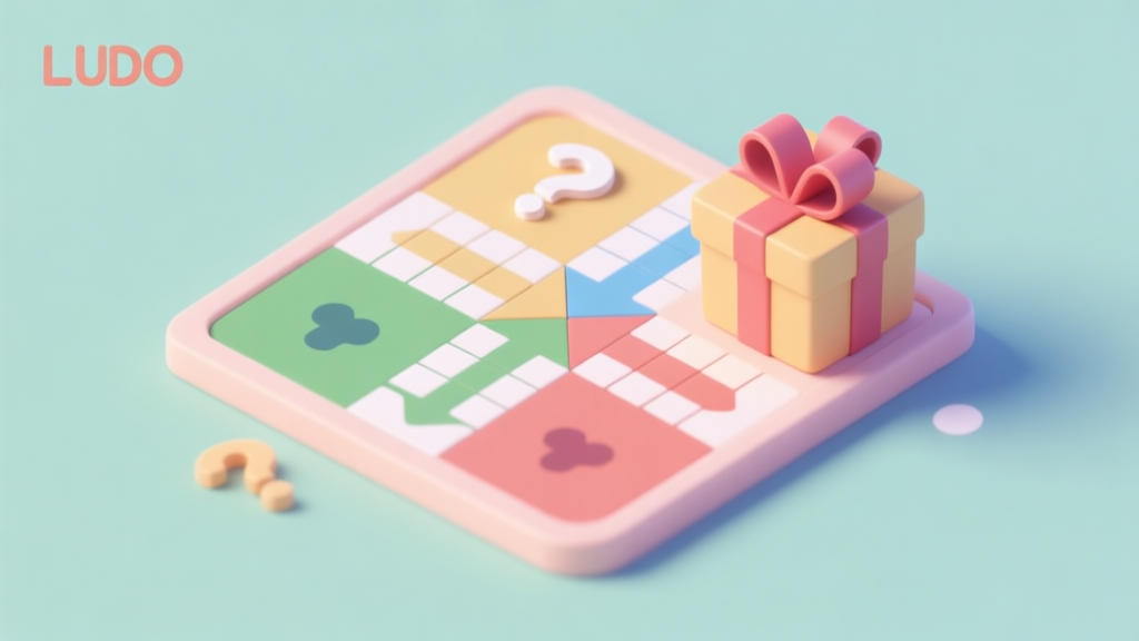 Ilustrasi minimalis papan permainan Ludo digital dengan ikon tanda tanya dan hadiah kotak hadiah di sekitarnya, skema warna pastel lembut, gaya clean dan modern, konsep puzzle atau tantangan game high quality illustration, detailed, 16:9