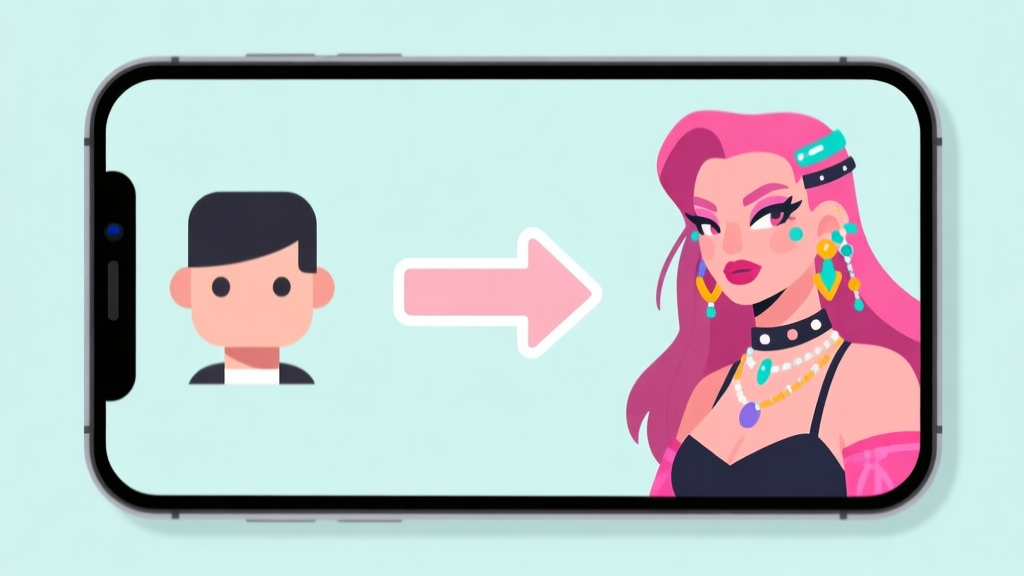 Ilustrasi minimalis layar ponsel dengan avatar game sederhana di sebelah kiri dan avatar yang sudah didandani dengan gaya feminin dan penuh aksesori di sebelah kanan, dihubungkan dengan panah transformasi, skema warna pastel lembut, desain bersih high quality illustration, detailed, 16:9