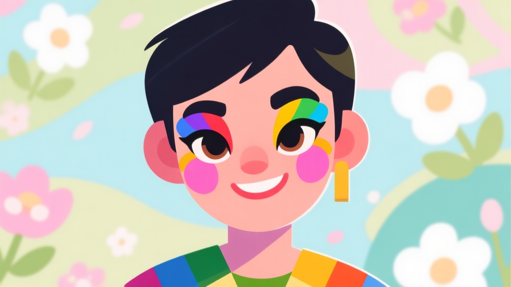 Ilustrasi avatar game Ludo dengan riasan wajah yang cerah dan berwarna-warni, latar belakang abstrak dengan motif bunga musim semi, gaya minimalis dan bersih, palet warna pastel yang segar high quality illustration, detailed, 16:9