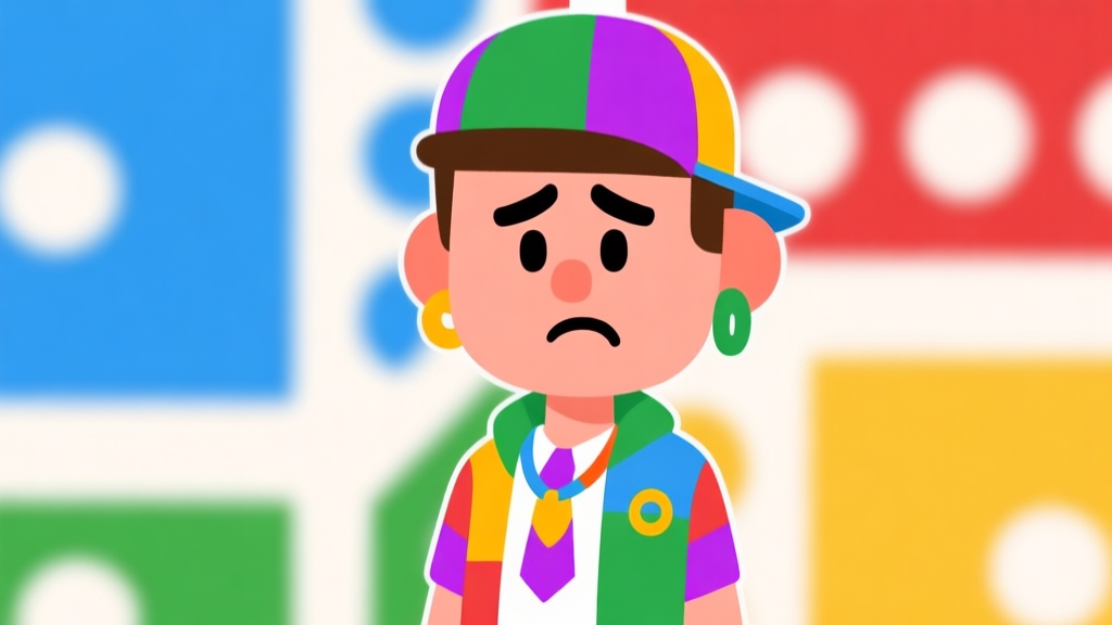 Ilustrasi avatar game Ludo dengan kombinasi pakaian dan aksesori yang tidak serasi, warna-warna cerah bertabrakan, gaya minimalis dan clean, dengan ekspresi bingung pada avatar high quality illustration, detailed, 16:9