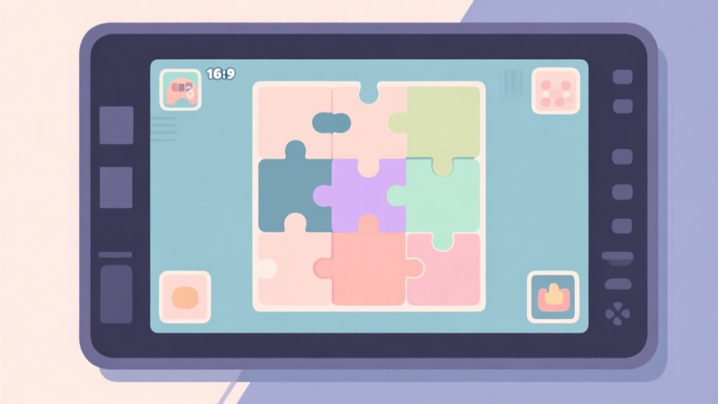 Ilustrasi minimalis dari layar game puzzle dengan potongan-potongan gambar yang belum tersusun, skema warna pastel lembut, desain bersih, gaya ilustrasi konsep game high quality illustration, detailed, 16:9