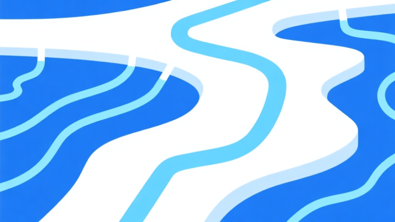 自动生成图片: Ilustrasi minimalis dengan garis lintasan berliku berwarna biru muda melewati bentuk abstrak air dan rintangan, gaya clean vector, skema warna biru dan putih, konsep panduan atau peta high quality illustration, detailed, 16:9