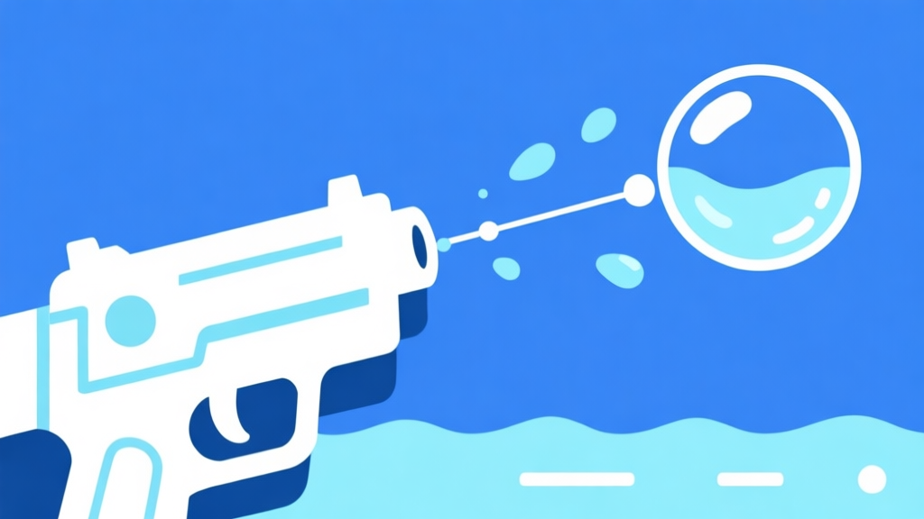 Ilustrasi minimalis mekanisme tembakan gelembung air, menunjukkan lintasan parabola dengan titik-titik panduan, skema warna biru muda dan putih, desain bersih untuk visual konsep game high quality illustration, detailed, 16:9