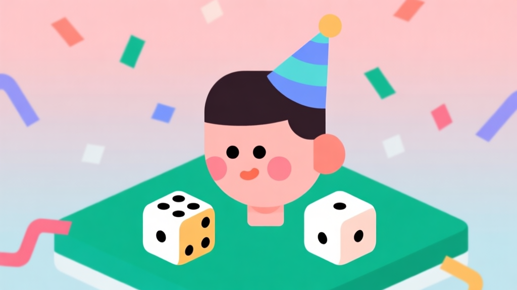 Ilustrasi minimalis avatar game Ludo sederhana dengan dan tanpa riasan tema pesta, latar belakang soft gradient, desain bersih dengan elemen geometris seperti dadu dan topi pesta, skema warna pastel high quality illustration, detailed, 16:9