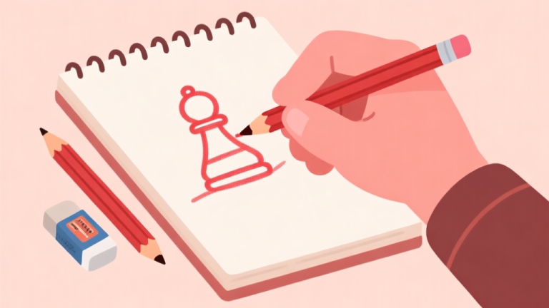 自动生成图片: Ilustrasi tangan sedang menggambar sketsa pion Ludo berwarna merah di atas buku sketsa, dengan pensil dan penghapus di sampingnya. Gaya flat design yang bersih dan ramah, dengan warna-warna pastel lembut sebagai latar. high quality illustration, detailed, 16:9