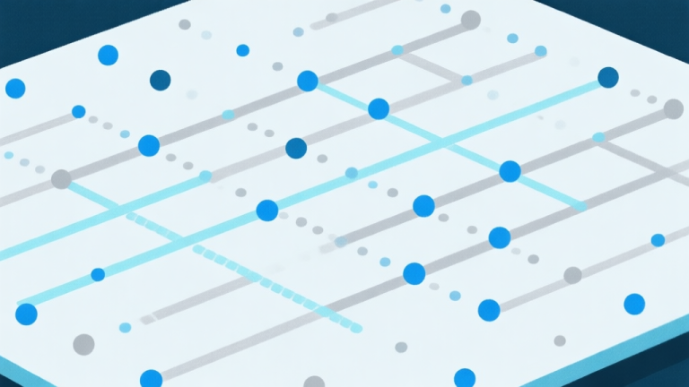 自动生成图片: Ilustrasi abstrak dari titik-titik yang tersebar di atas papan permainan, mulai terhubung membentuk garis pola yang samar, dengan skema warna biru muda dan abu-abu, gaya minimalis yang bersih high quality illustration, detailed, 16:9