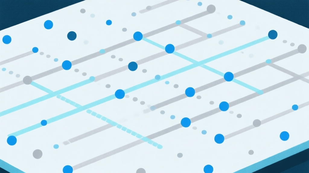 Ilustrasi abstrak dari titik-titik yang tersebar di atas papan permainan, mulai terhubung membentuk garis pola yang samar, dengan skema warna biru muda dan abu-abu, gaya minimalis yang bersih high quality illustration, detailed, 16:9