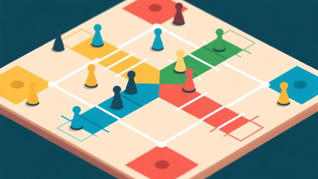 Ilustrasi papan permainan Ludo dengan garis-garis terang menghubungkan jalur pion yang berbeda, menunjukkan strategi gerakan majemuk, gaya flat design minimalis dengan warna-warna papan Ludo klasik high quality illustration, detailed, 16:9