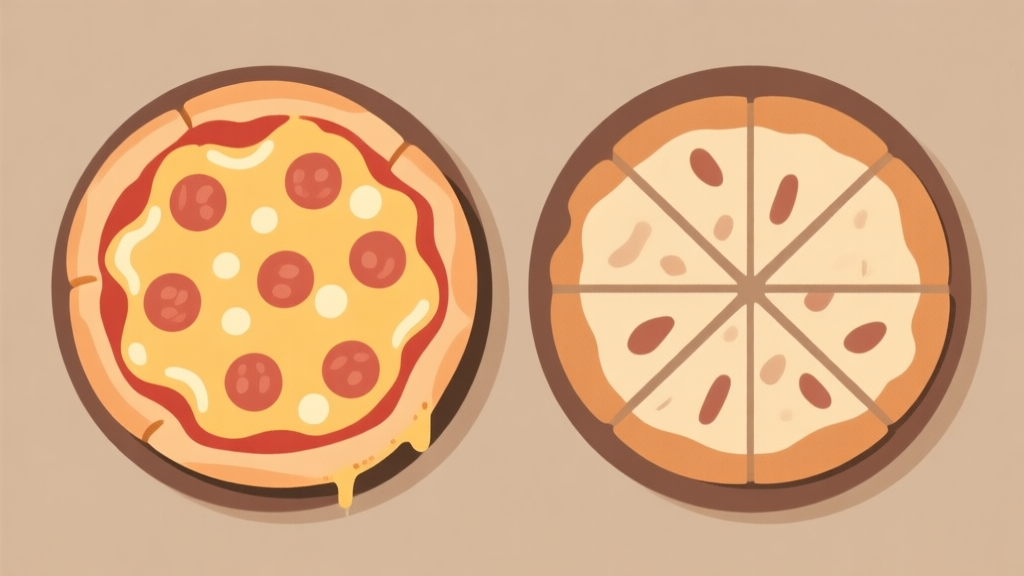 Ilustrasi dua pizza yang kontras, satu terlihat sempurna dengan keju meleleh dan pinggiran mengembang, satunya lagi gagal dengan adonan tipis dan keju tidak rata, gaya ilustrasi datar minimalis, skema warna earth tone yang lembut high quality illustration, detailed, 16:9