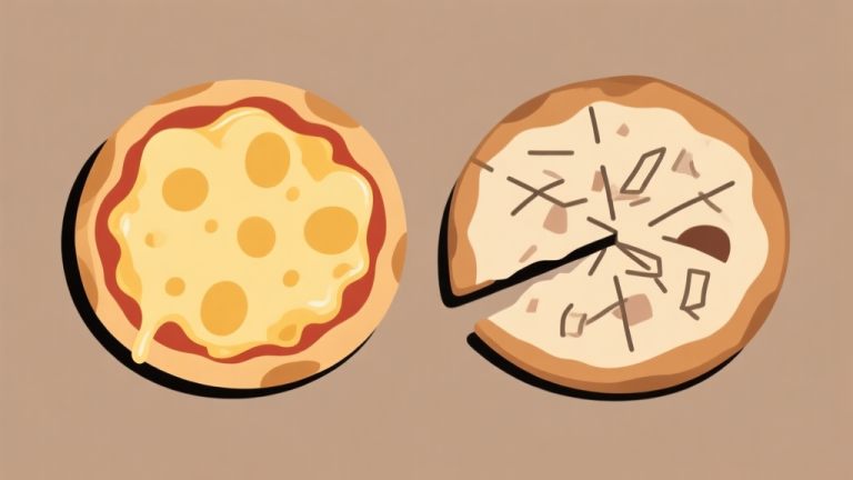 自动生成图片: Ilustrasi minimalis dua piza yang kontras, satu sempurna dengan keju meleleh dan krusta emas, satu lagi gagal dengan adonan pucat dan topping berantakan, gaya garis bersih, skema warna earth tone, konsep perbandingan hasil high quality illustration, detailed, 16:9