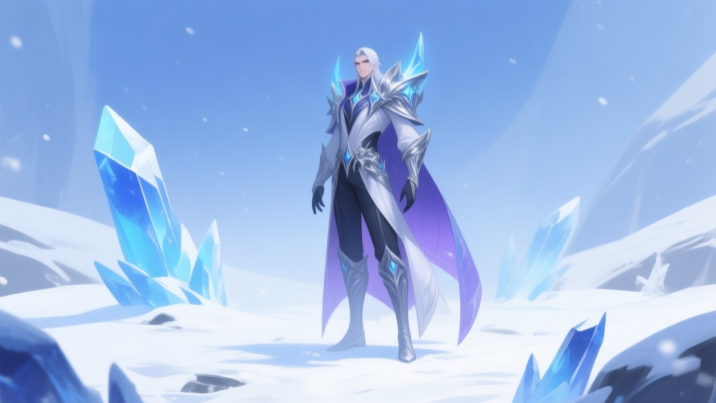 Ilustrasi karakter game bertema es yang elegan dan berkuasa, berdiri di tengah lingkungan bersalju dengan kristal es dan cahaya biru keperakan, gaya seni konsep game fantasi modern, warna dominan biru, putih, dan ungu muda, komposisi minimalis namun epik high quality illustration, detailed, 16:9