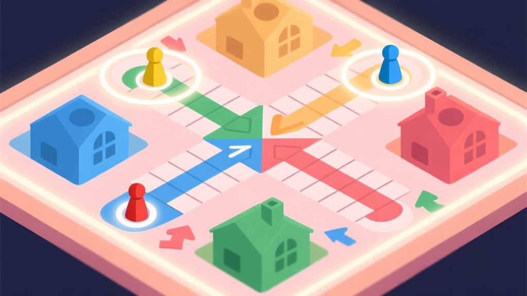 Ilustrasi papan permainan Ludo dilihat dari atas, dengan empat bidak warna berbeda di posisi awal (rumah) dan beberapa tersebar di jalur. Tampak panah dan lingkaran cahaya menyoroti posisi-posisi kunci, gaya ilustrasi digital yang bersih dan informatif, skema warna pastel high quality illustration, detailed, 16:9
