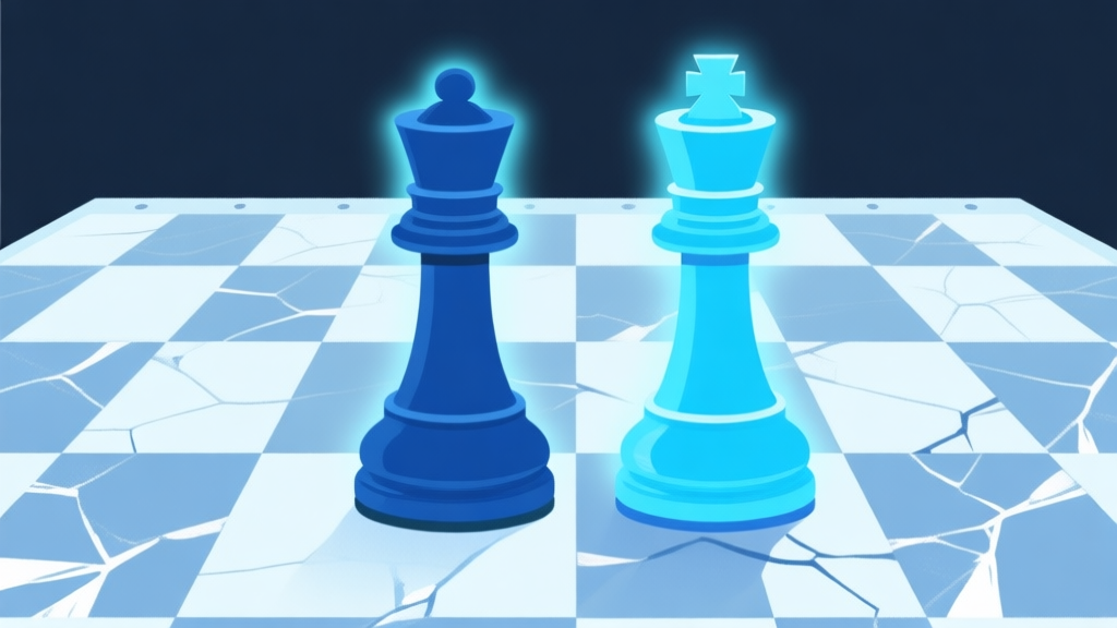 Ilustrasi dua bidak catur yang identik namun dengan aura berbeda, satu berwarna biru dingin dan satu berwarna biru terang, di atas papan permainan abstrak dengan pola es dan retakan, gaya minimalis dengan warna yang tenang high quality illustration, detailed, 16:9