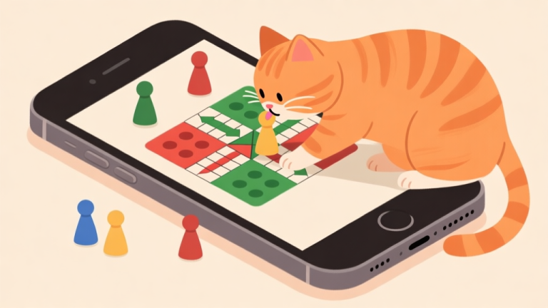 自动生成图片: Ilustrasi minimalis ponsel dengan papan permainan Ludo di layar, ditemani seekor kucing berbulu oranye yang sedang menggeser pion dengan hidungnya, nuansa warna hangat dan lembut, gaya lukisan digital yang sederhana high quality illustration, detailed, 16:9