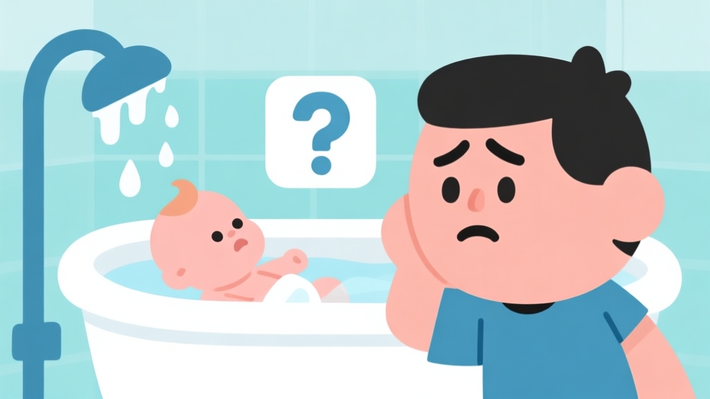 Ilustrasi konseptual tentang tantangan dalam game, menampilkan karakter kartun yang terlihat bingung di depan bak mandi bayi dengan ikon tanda tanya dan simbol kesulitan (seperti keringat dingin) di sekitarnya, warna pastel lembut dengan aksen biru muda dan putih, gaya minimalis dan bersih high quality illustration, detailed, 16:9