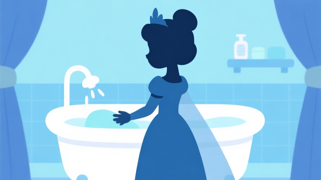 Ilustrasi game yang minimalis dan bersih, menampilkan siluet karakter putri dengan tema es sedang berdiri di depan bak mandi bayi bergaya kartun, warna dominan biru muda dan putih, nuansa tenang dan friendly high quality illustration, detailed, 16:9