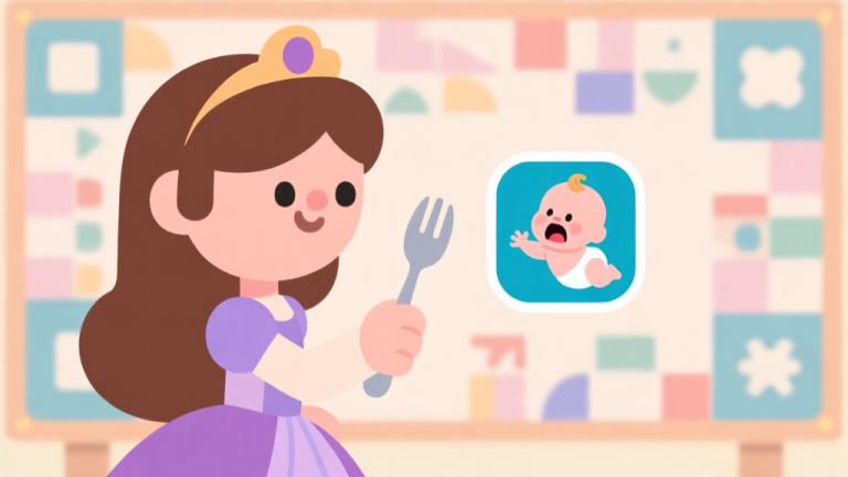 自动生成图片: Ilustrasi minimalis seorang karakter putri kartun yang sedang memegang sendok, menghadapi ikon bayi yang rewel, dengan latar belakang papan permainan abstrak. Skema warna pastel lembut, desain bersih, gaya ilustrasi konsep game. high quality illustration, detailed, 16:9