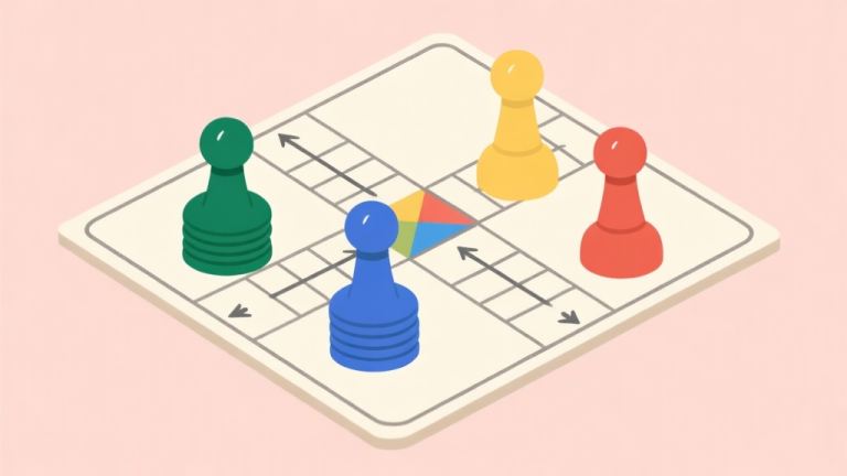自动生成图片: Ilustrasi papan permainan Ludo Klasik dengan empat pion warna berbeda di posisi start, ditumpuk dengan diagram panah tipis yang menunjukkan jalur strategis, gaya minimalis dengan warna pastel lembut, komposisi clean dan seimbang high quality illustration, detailed, 16:9