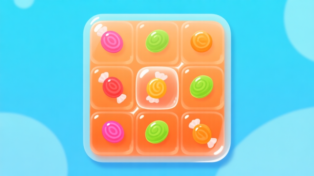 Ilustrasi game puzzle match-3 dengan latar belakang biru muda, fokus pada area jeli berwarna oranye transparan yang menutupi beberapa permen, menciptakan kesan sulit dan memblokir, gaya ilustrasi digital yang bersih dan modern high quality illustration, detailed, 16:9