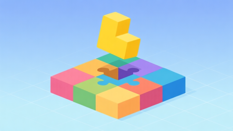 自动生成图片: Ilustrasi minimalis blok puzzle berwarna-warni yang tersusun rapi di atas grid, dengan satu blok berbentuk L berwarna kuning sedang diangkat di atasnya. Latar belakang lembut dengan gradasi biru muda, gaya clean dan geometris. high quality illustration, detailed, 16:9