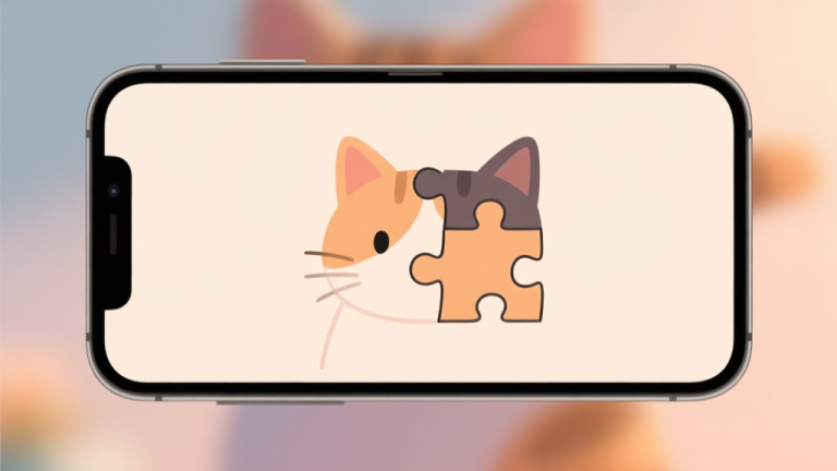 自动生成图片: Ilustrasi minimalis layar ponsel dengan gambar puzzle kucing yang setengah tersusun, latar belakang blur yang tenang, warna pastel hangat, gaya desain bersih yang menenangkan high quality illustration, detailed, 16:9