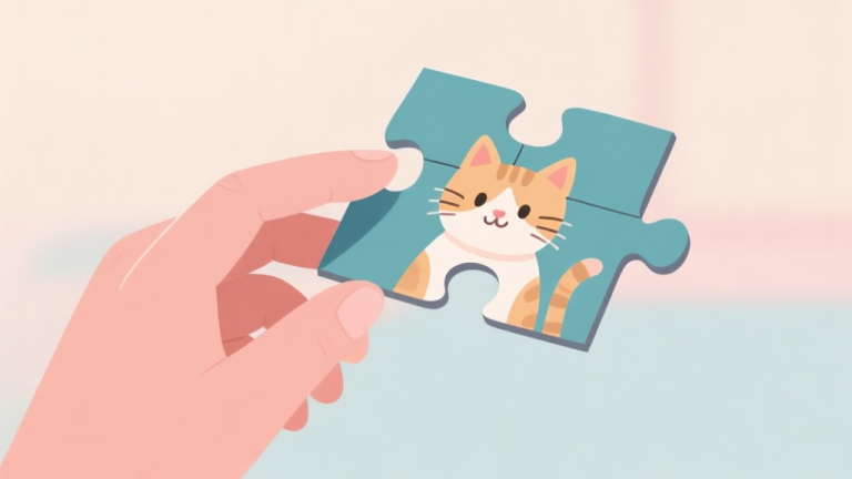 自动生成图片: Ilustrasi minimalis tangan sedang menyusun potongan puzzle jigsaw bergambar kucing yang lucu, latar belakang lembut dengan warna pastel, suasana tenang dan terapeutik, gaya clean dan sederhana high quality illustration, detailed, 16:9
