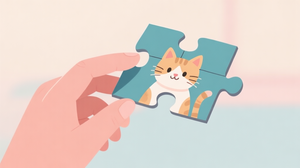 Ilustrasi minimalis tangan sedang menyusun potongan puzzle jigsaw bergambar kucing yang lucu, latar belakang lembut dengan warna pastel, suasana tenang dan terapeutik, gaya clean dan sederhana high quality illustration, detailed, 16:9