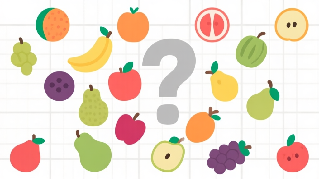 Ilustrasi minimalis papan puzzle game dengan buah-buahan berwarna-warni tersusun acak, beberapa buah dikelilingi tanda tanya besar berwarna abu-abu muda, latar belakang putih bersih dengan grid samar, gaya desain bersih dan datar high quality illustration, detailed, 16:9