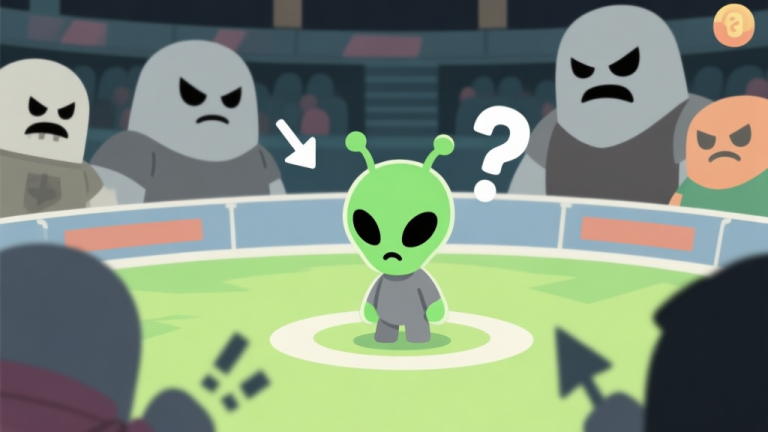 自动生成图片: Ilustrasi karakter game kecil berwarna hijau atau abu-abu (tiny alien) yang terlihat bingung di tengah arena, dikelilingi oleh karakter lain yang lebih besar dan terlihat garang, dengan panah dan tanda tanya di sekitarnya, gaya seni game mobile yang clean dan minimalis high quality illustration, detailed, 16:9