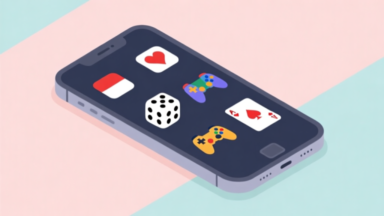 自动生成图片: Ilustrasi minimalis ponsel cerdas dengan beberapa ikon game populer seperti dadu dan kartu bergaya Indonesia, latar belakang pastel lembut, gaya flat design yang bersih high quality illustration, detailed, 16:9