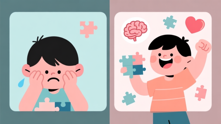 自动生成图片: Ilustrasi minimalis dua sisi: satu sisi menunjukkan anak frustrasi dengan puzzle, sisi lain menunjukkan anak tersenyum bangga menyelesaikan puzzle, dengan ikon otak dan hati melayang di sekitarnya, warna pastel lembut, gaya kartun bersih high quality illustration, detailed, 16:9