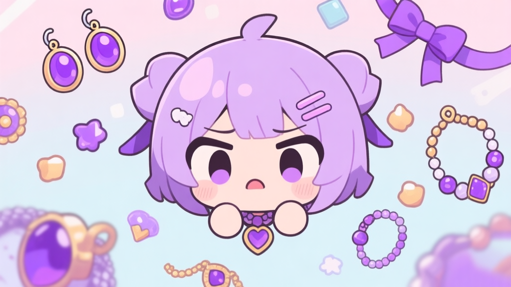 Ilustrasi karakter anime kawaii dengan ekspresi bingung, dikelilingi oleh berbagai perhiasan ungu (anting, kalung, pita) yang berserakan, latar belakang pastel soft, gaya gambar game 2D yang imut high quality illustration, detailed, 16:9