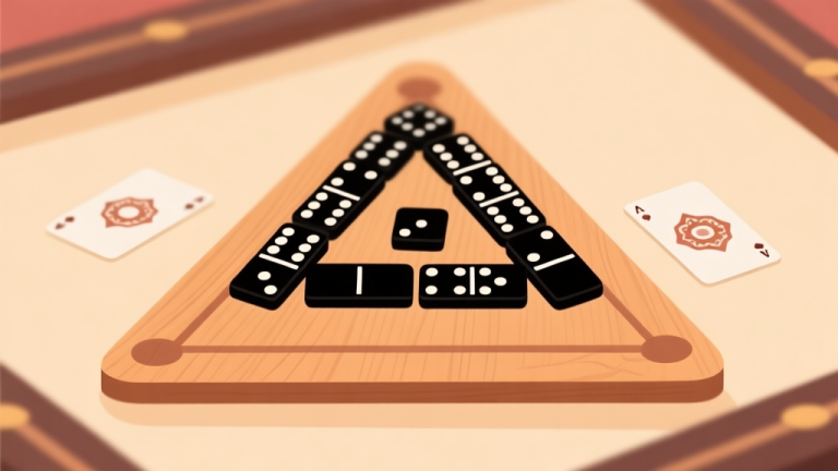 自动生成图片: Ilustrasi strategi permainan papan dengan bidak carrom hitam-putih dan kartu domino berjajar membentuk pola segitiga, gaya minimalis dengan warna kayu hangat dan latar belakang lembut, komposisi clean dan informatif high quality illustration, detailed, 16:9