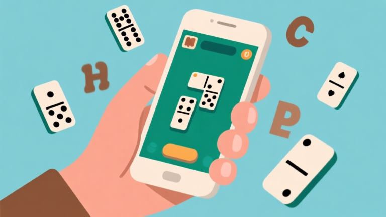 自动生成图片: Ilustrasi minimalis tangan memegang ponsel dengan tampilan game domino digital di layar, beberapa kartu domino dan huruf melayang di sekitarnya, warna earth tone dengan aksen biru muda, gaya flat design yang bersih high quality illustration, detailed, 16:9